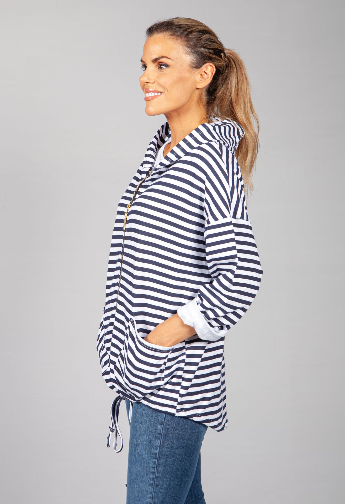 PAMELA SCOTT NAVY & WHITE NARROW STRIPED ZIP UP HOODIE