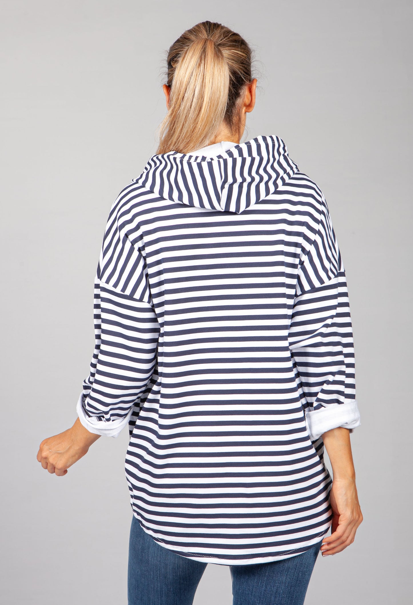 PAMELA SCOTT NAVY & WHITE NARROW STRIPED ZIP UP HOODIE