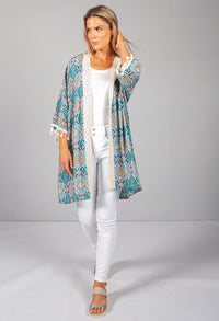 PAISLEY PRINT KIMONO BRODERIE ANGLAISE DETAIL IN TEAL