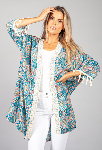 PAISLEY PRINT KIMONO BRODERIE ANGLAISE DETAIL IN TEAL