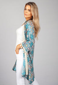 PAISLEY PRINT KIMONO BRODERIE ANGLAISE DETAIL IN TEAL