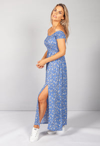 Blue Floral Smocking Bodice Dress