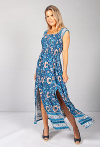 Dark Blue Floral Smocking Bodice Dress