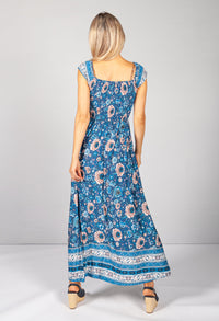 Dark Blue Floral Smocking Bodice Dress