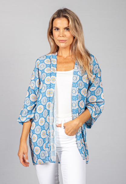 PAMELA SCOTT VINTAGE PRINT KIMONO STYLE CARDIGAN IN BABY BLUE