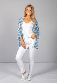 PAMELA SCOTT VINTAGE PRINT KIMONO STYLE CARDIGAN IN BABY BLUE