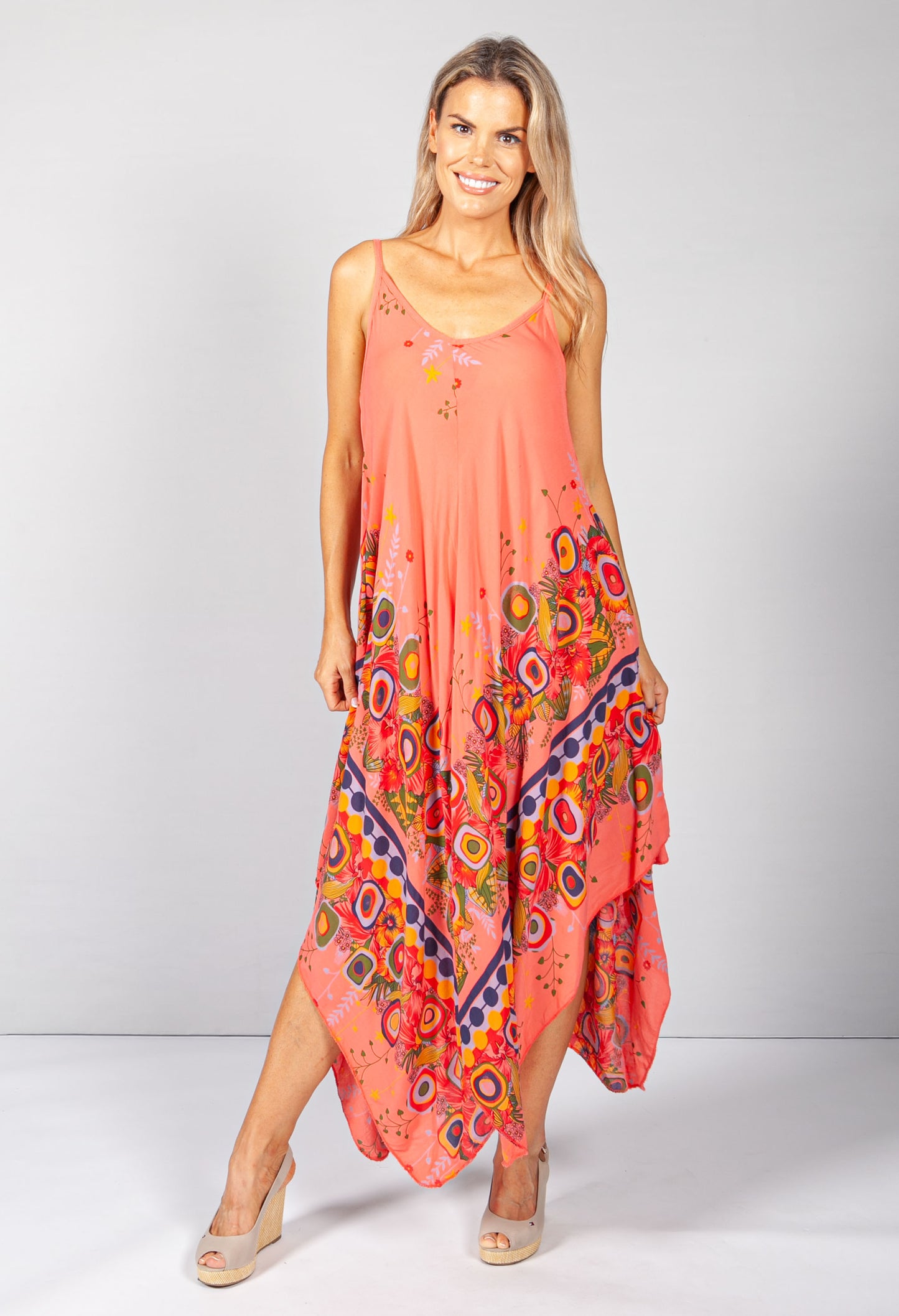 Floral Abstract Print Dress in Coral