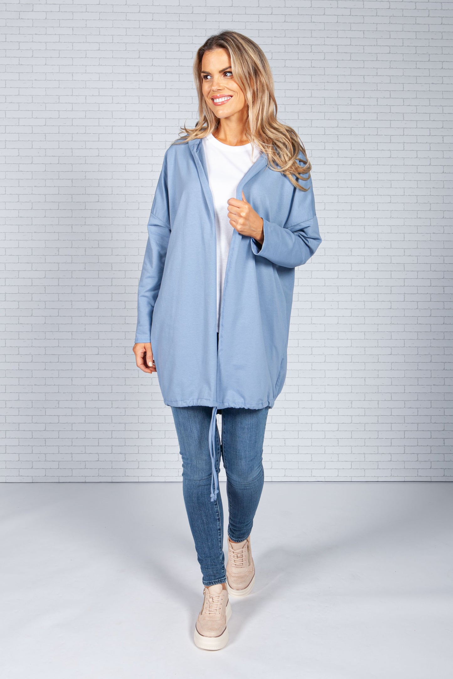 Long Hoodie-Style Cardigan in Blue