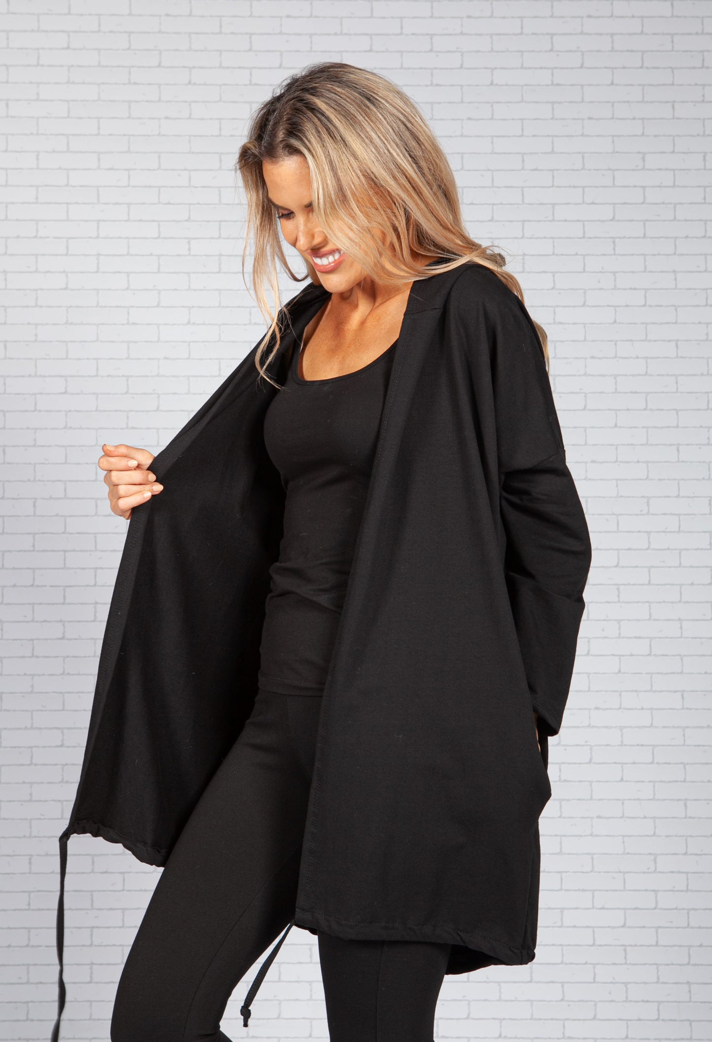 Long Hoodie-Style Cardigan in Black