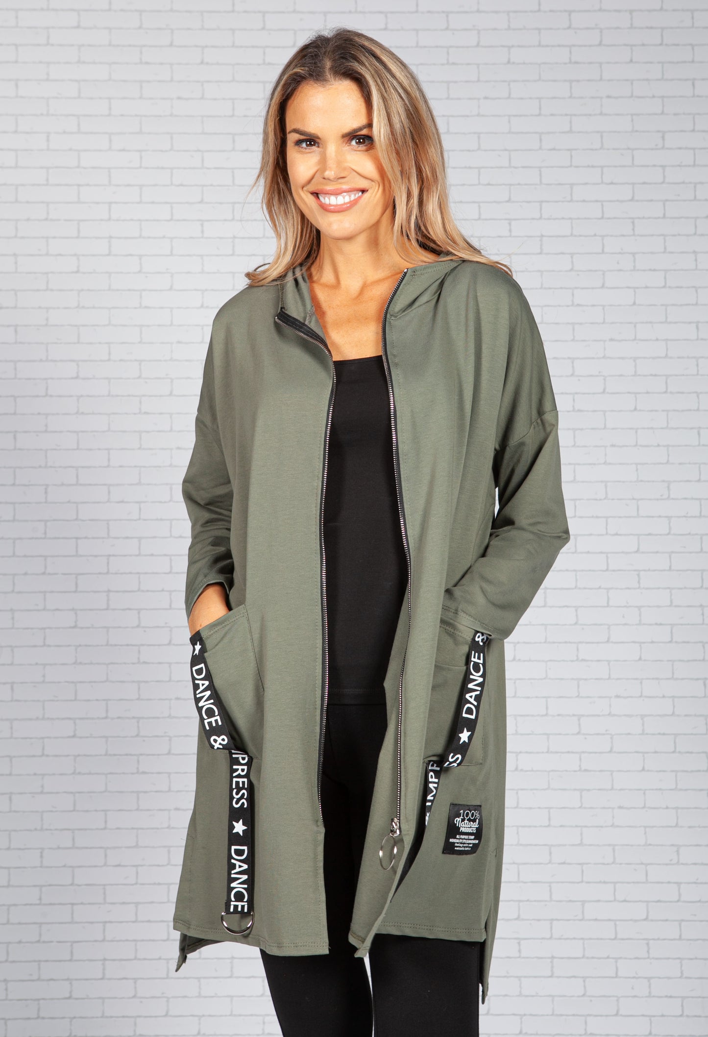 Logo Strapped Pocket Zip Up Cardi in Khaki