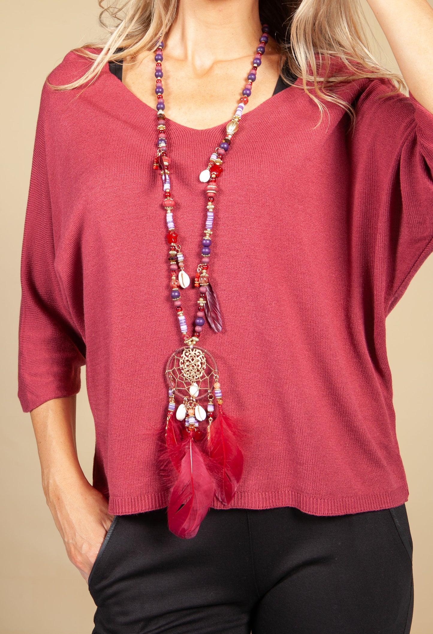 Dream Catcher Pendant Necklace in Burgundy