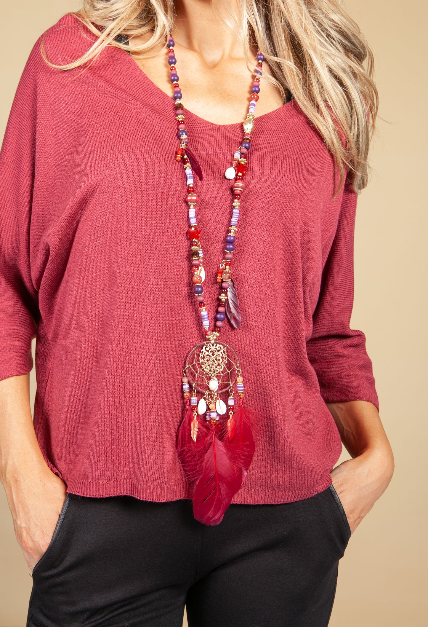 Dream Catcher Pendant Necklace in Burgundy