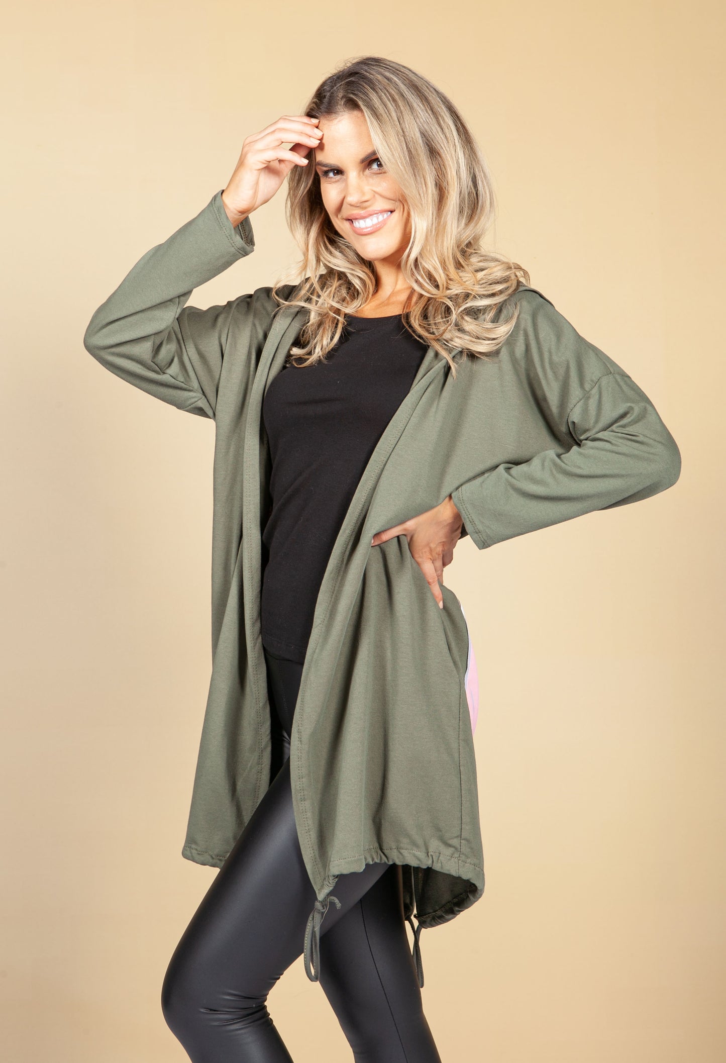 OVERSIZED SLOUCH OPEN HOODIE IN KHAKI