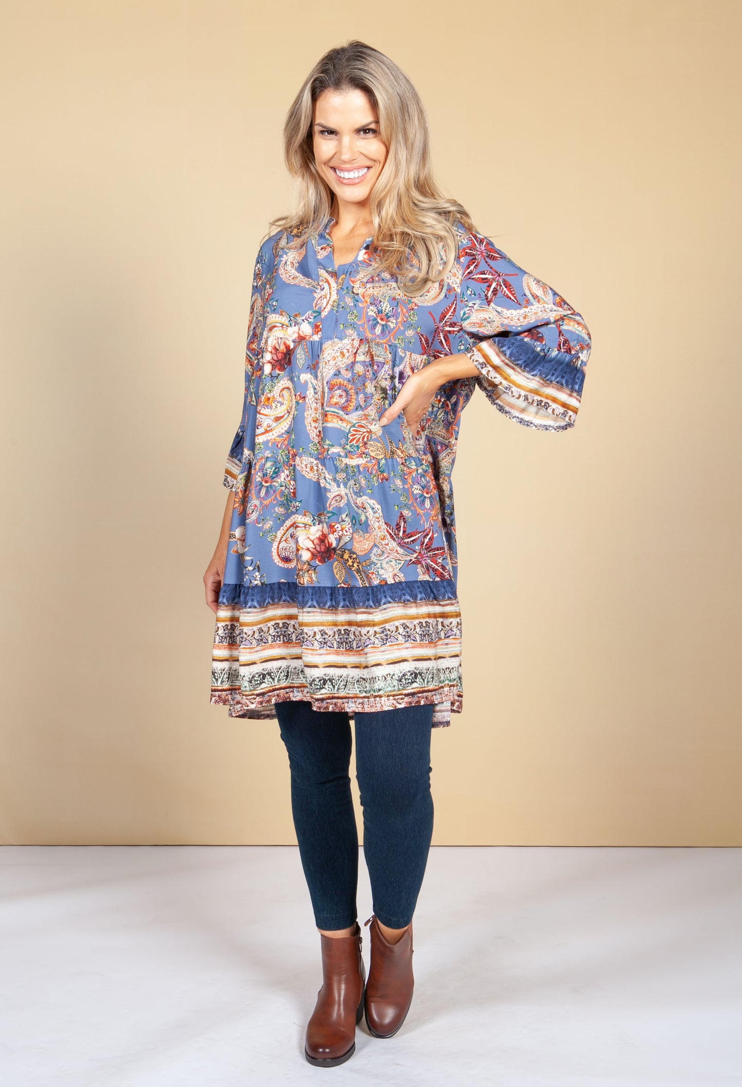 Tunic Style Dress in Blue and Orange Paisley