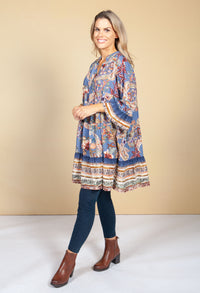 Tunic Style Dress in Blue and Orange Paisley