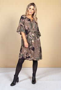 Paisley Print Tie Neck Dress in Khaki