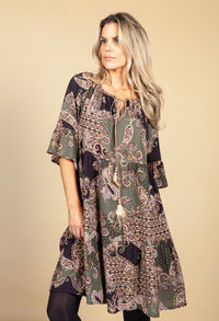 Paisley Print Tie Neck Dress in Khaki