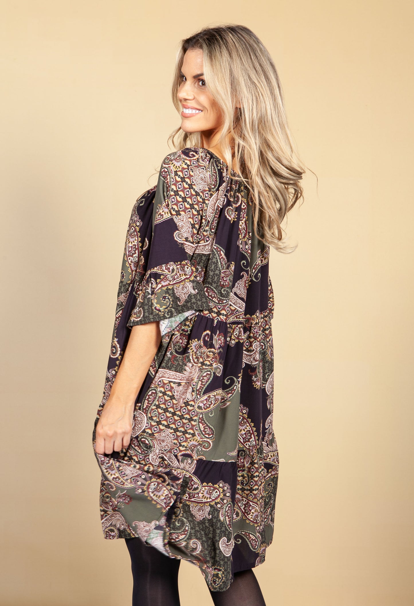 Paisley Print Tie Neck Dress in Khaki