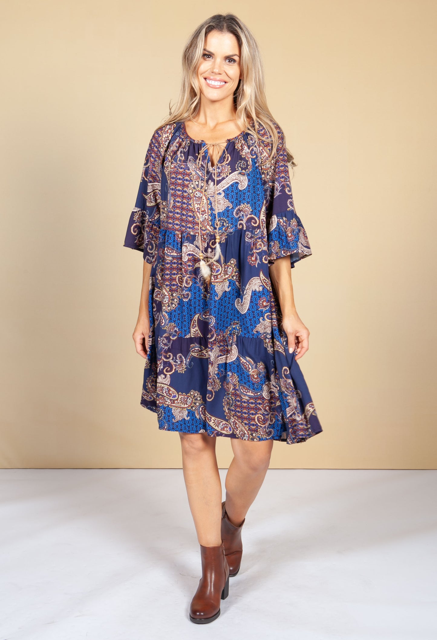 Paisley Print Tie Neck Dress in Violet