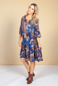 Paisley Print Tie Neck Dress in Violet