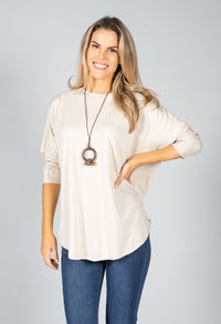 Round Neck Relaxed Top with Necklace in Sand