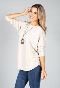 Round Neck Relaxed Top with Necklace in Sand