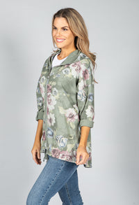 Rose Print Zip Up Hoodie in Green