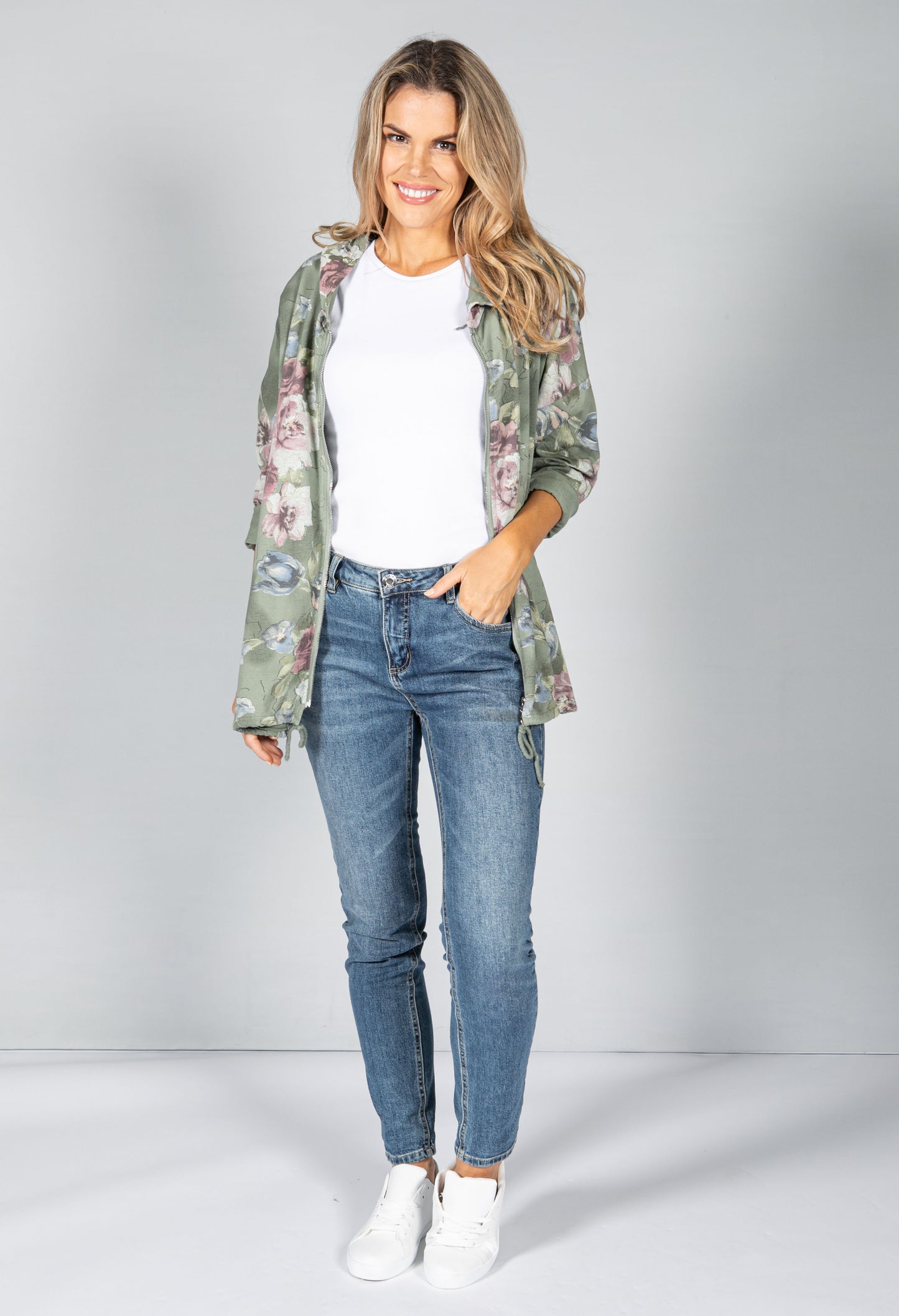 Rose Print Zip Up Hoodie in Green