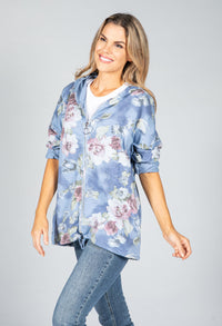 Rose Print Zip Up Hoodie in Blue