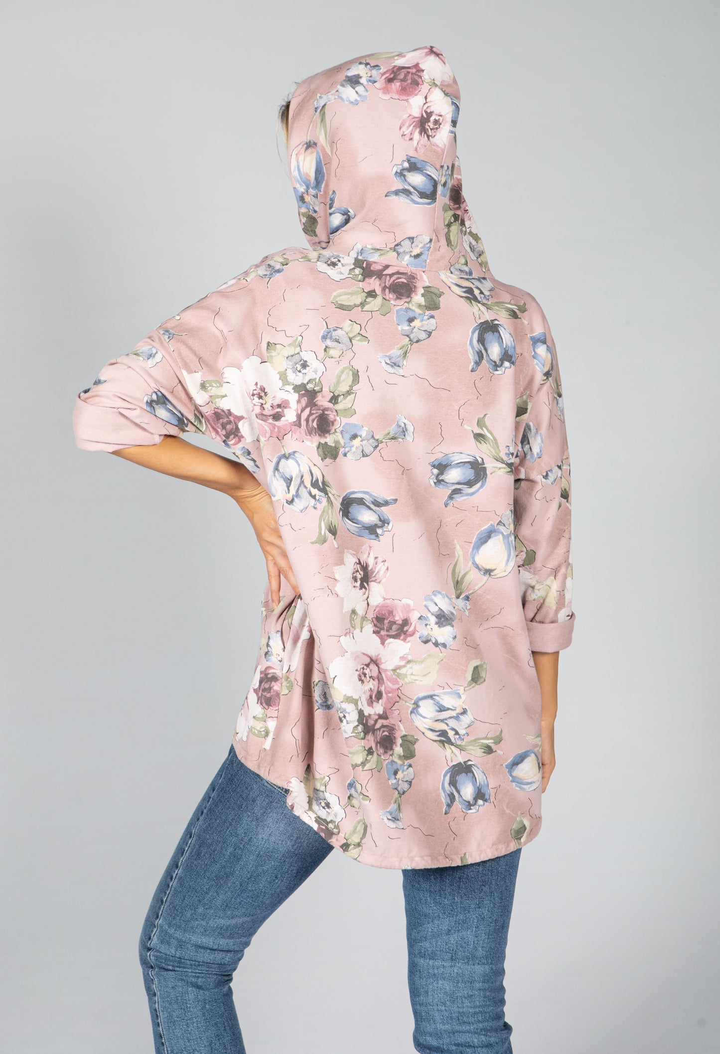 Rose Print Zip Up Hoodie in Dusty Pink