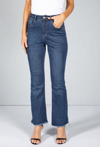 Mid-Wash Frayed Hem Flared Jeans