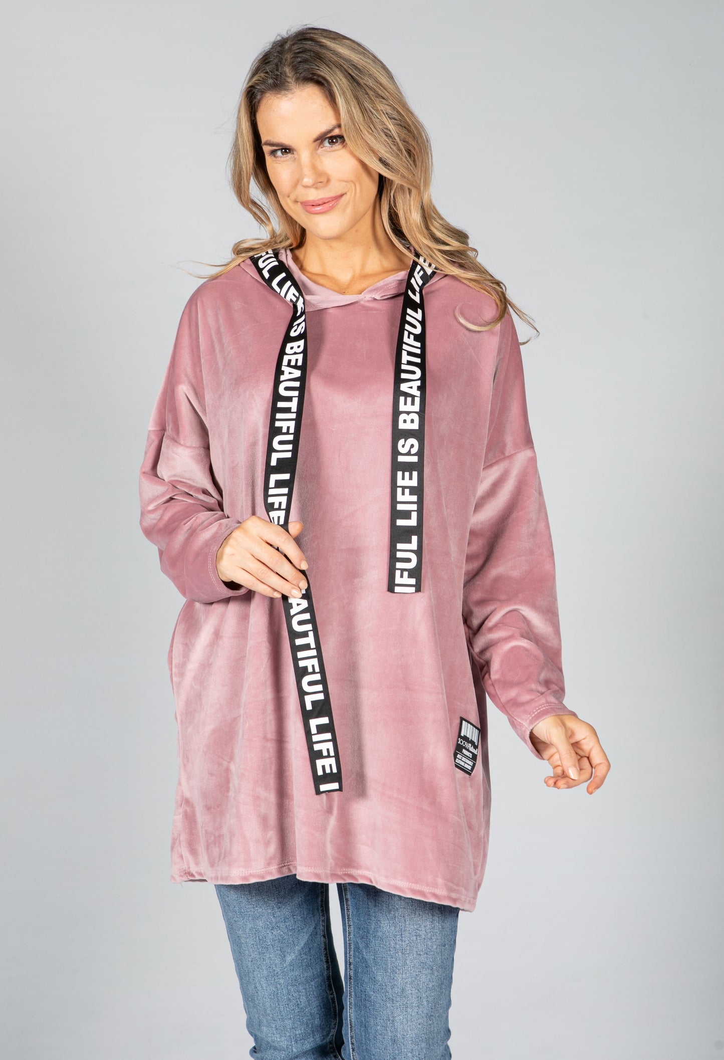 Velvet Logo Strap Hoodie in Dusty Pink