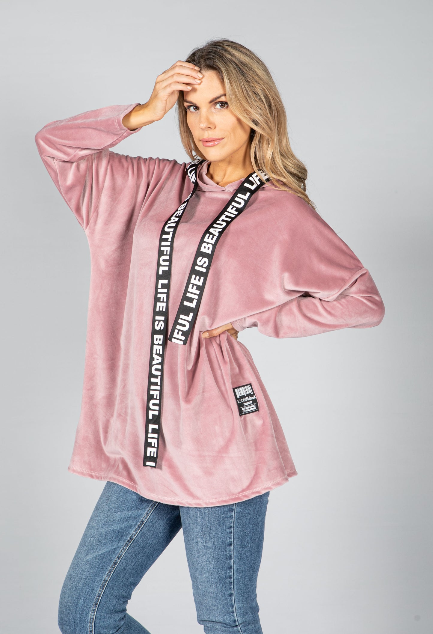 Velvet Logo Strap Hoodie in Dusty Pink