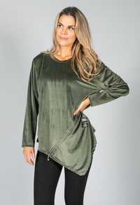 Zip Detail Velvet Sweater in Khaki