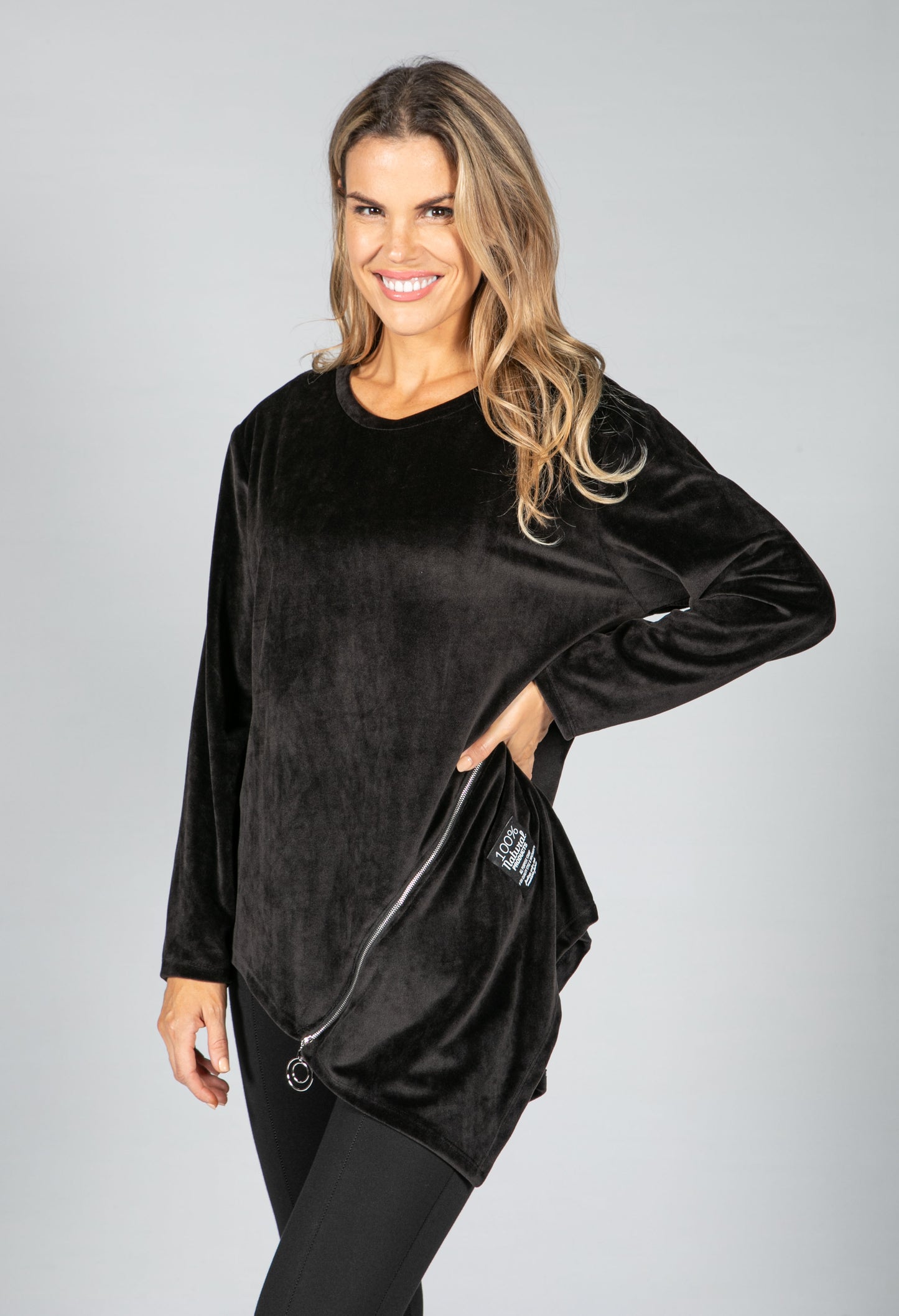 Zip Detail Velvet Sweater in Black