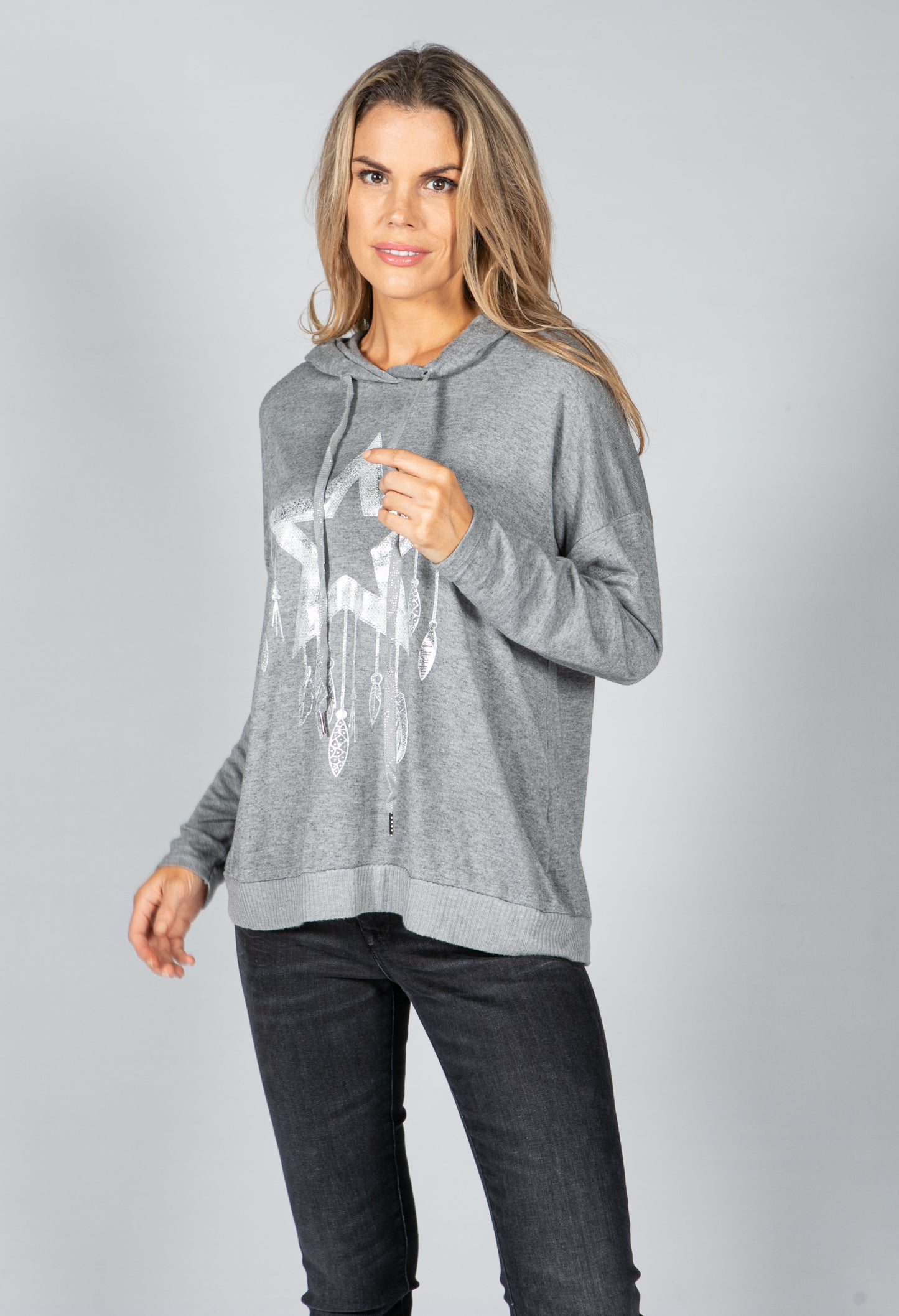 Metallic Star Design Hoodie in Light Grey