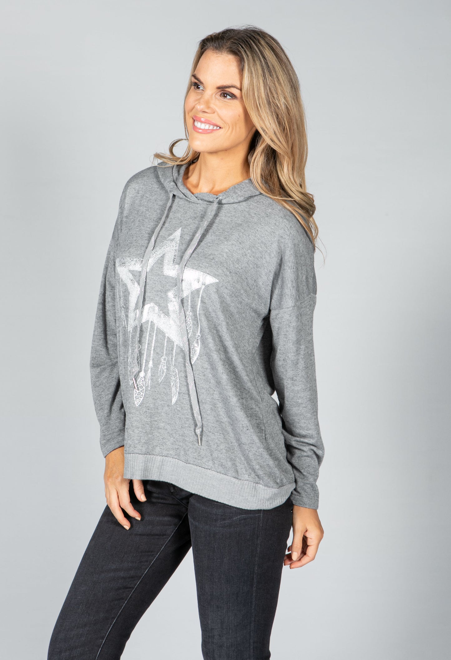 Metallic Star Design Hoodie in Light Grey