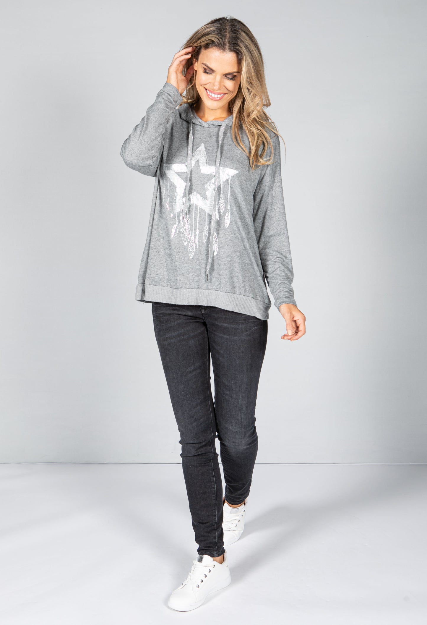 Metallic Star Design Hoodie in Light Grey