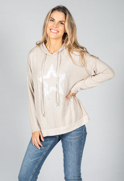 Metallic Star Design Hoodie in Oat