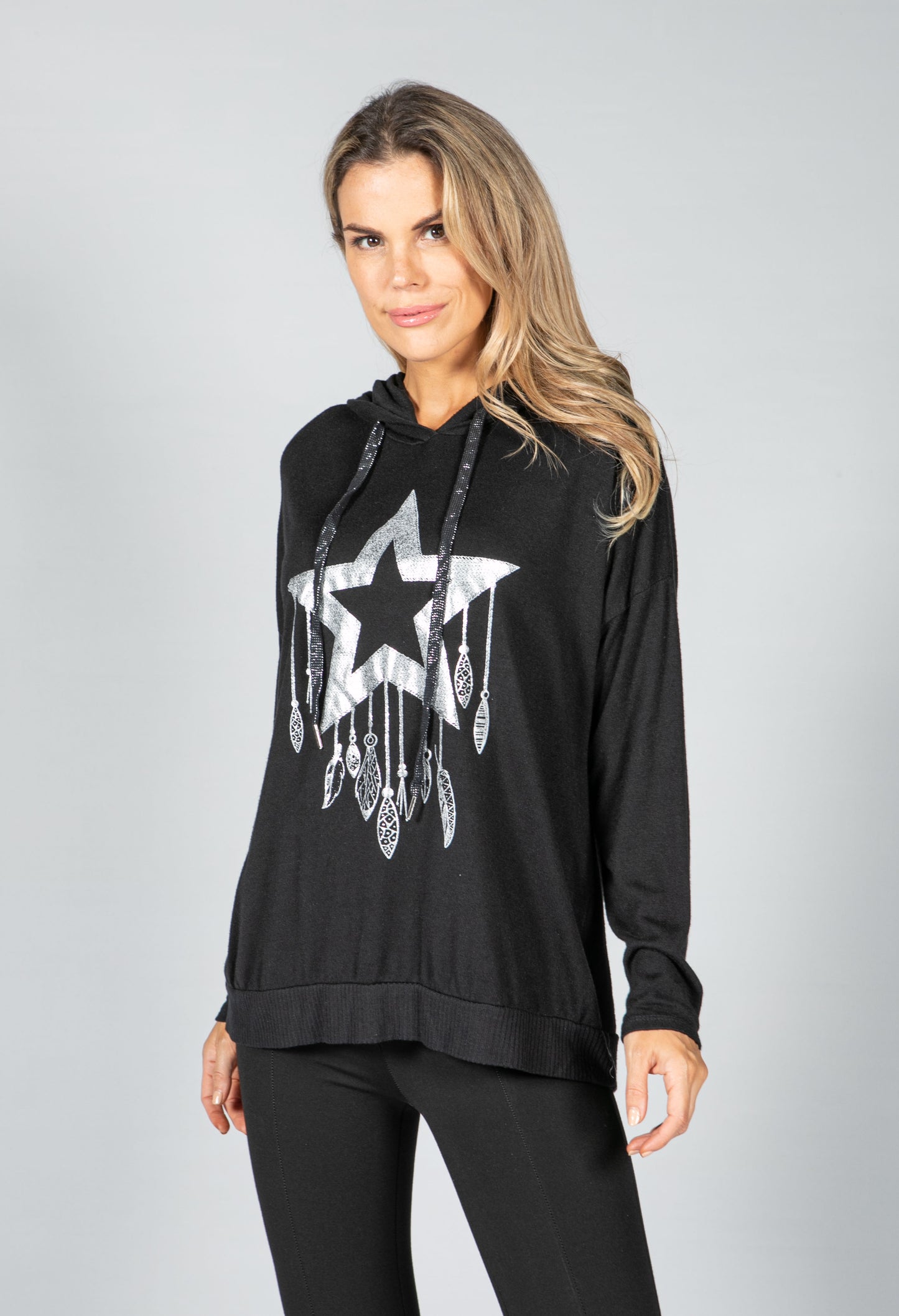 Metallic Star Design Hoodie in Black