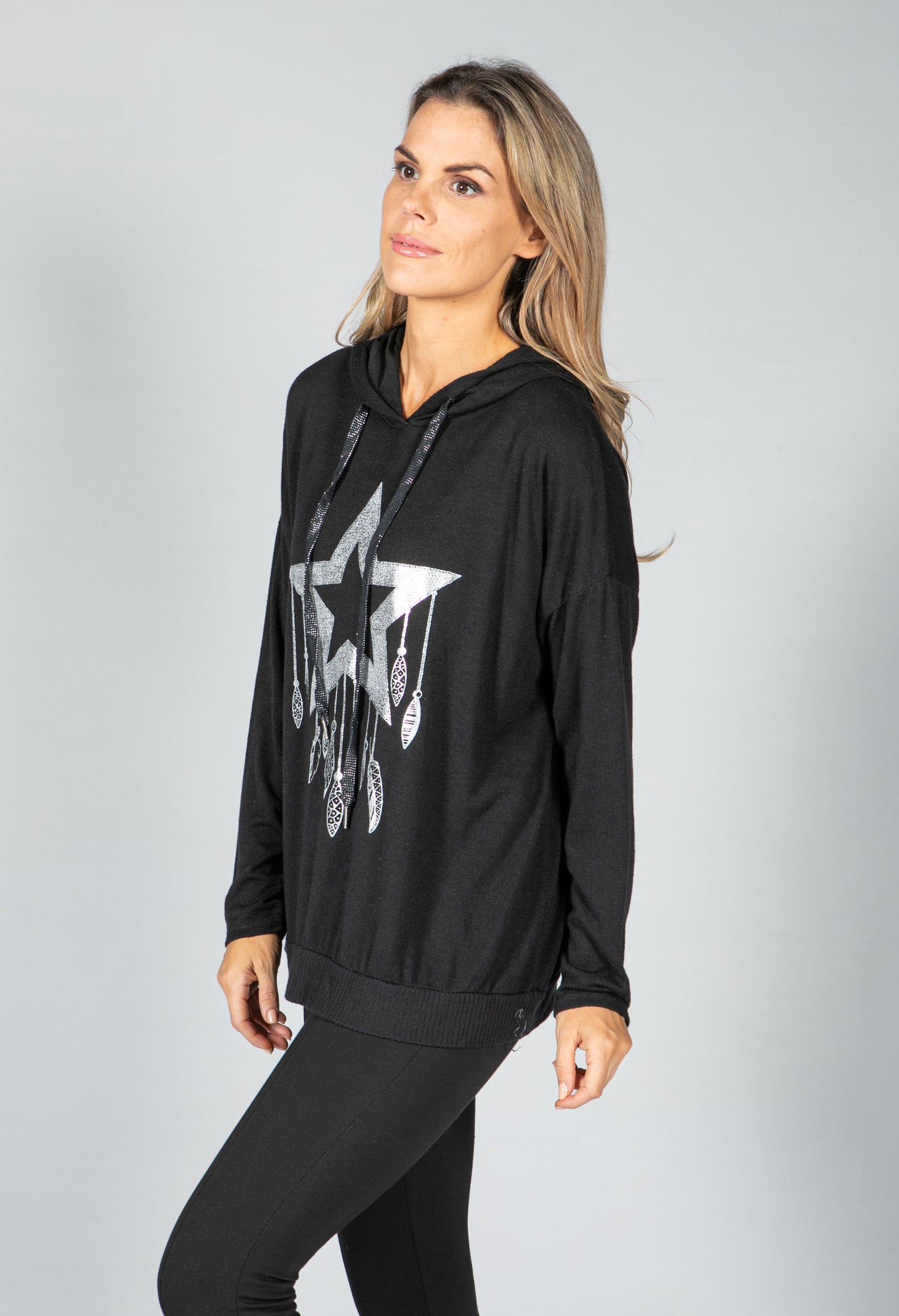 Metallic Star Design Hoodie in Black