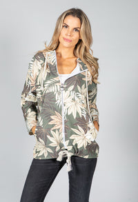 PAMELA SCOTT KHAKI PALM PRINT ZIP UP HOODIE