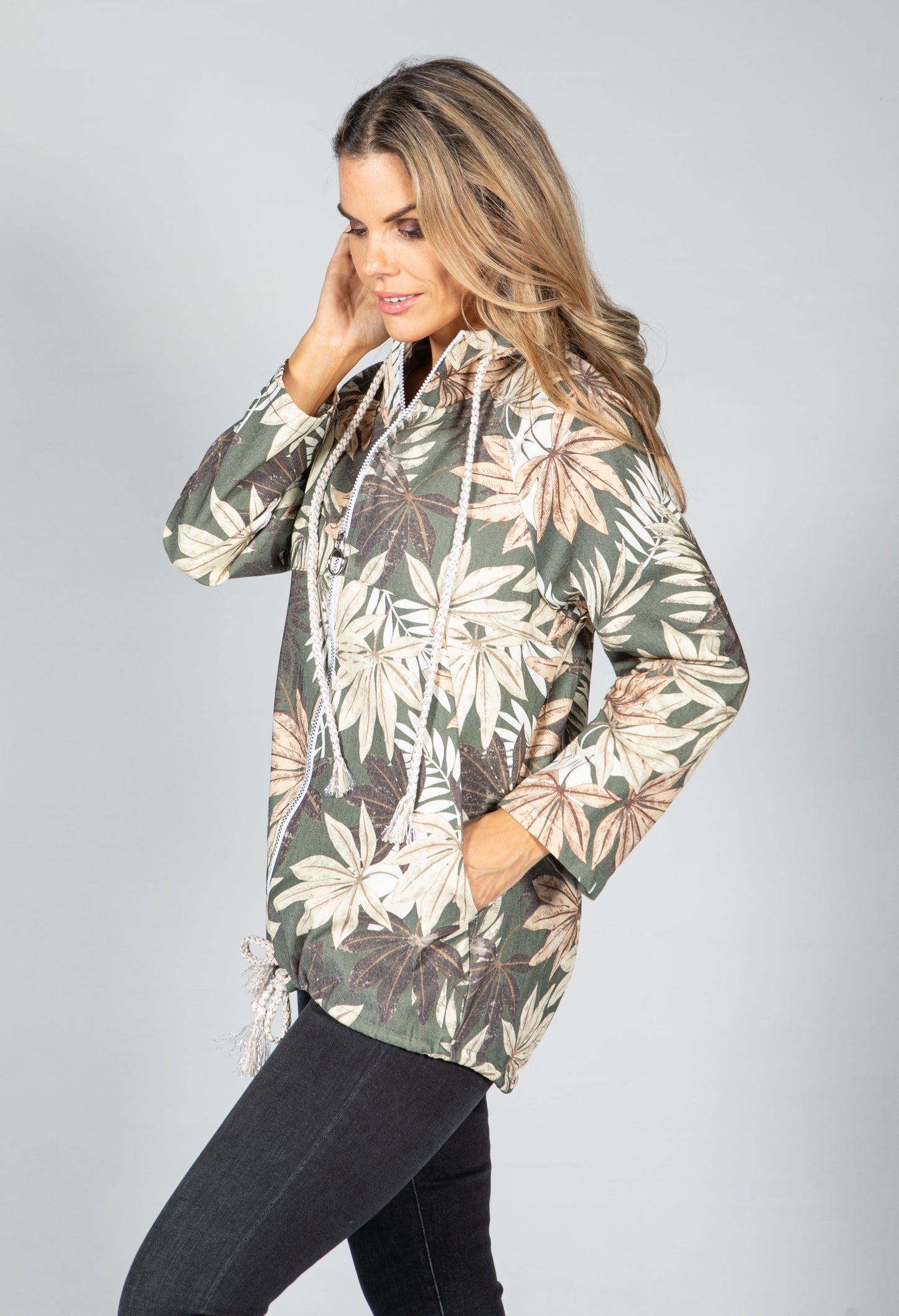 PAMELA SCOTT KHAKI PALM PRINT ZIP UP HOODIE