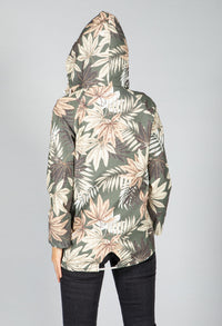 PAMELA SCOTT KHAKI PALM PRINT ZIP UP HOODIE