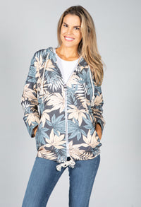 PAMELA SCOTT NAVY PALM PRINT ZIP UP HOODIE