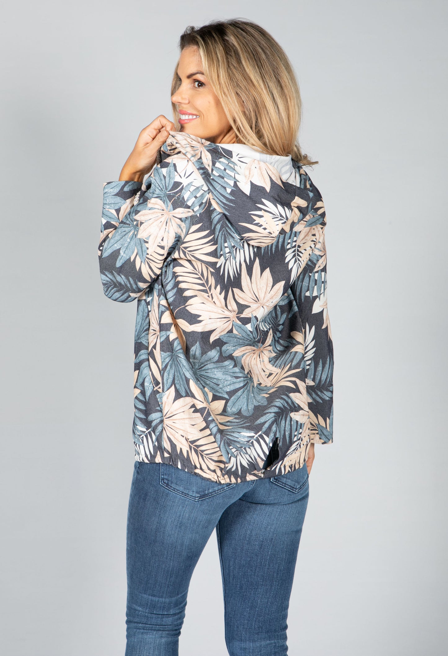 PAMELA SCOTT NAVY PALM PRINT ZIP UP HOODIE