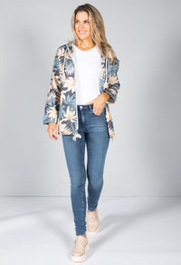 PAMELA SCOTT NAVY PALM PRINT ZIP UP HOODIE