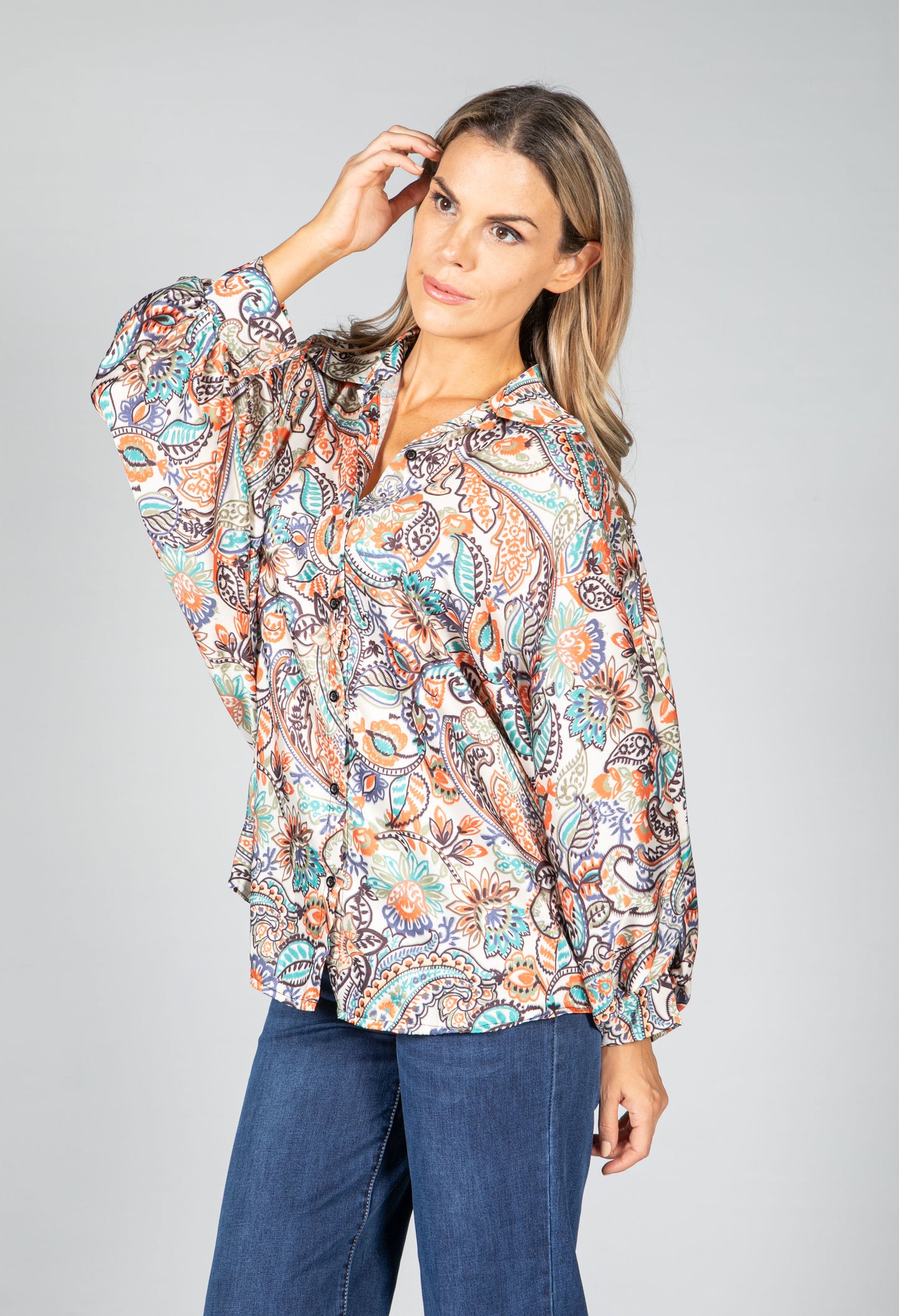 Groovy Paisley Print Shirt in Soft Beige