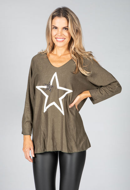 Fine Knit Star Design Top in Khaki