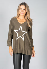 Fine Knit Star Design Top in Khaki